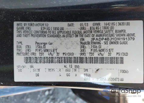 2013 Ford Fiesta Se z USA, uszkodzony, nr VIN 3FADP4BJ1DM191379